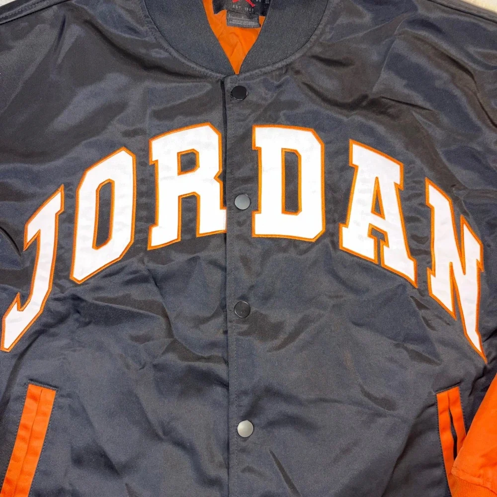 Jordan Mens Black Orange Varsity Bomber Jacket HV0099-011 Satin Snap Front S